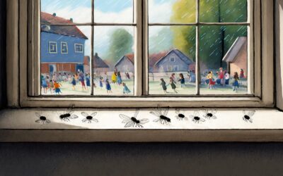 vinduspost med døde fluer. Utsikt mot en skolegård med lekende barn.