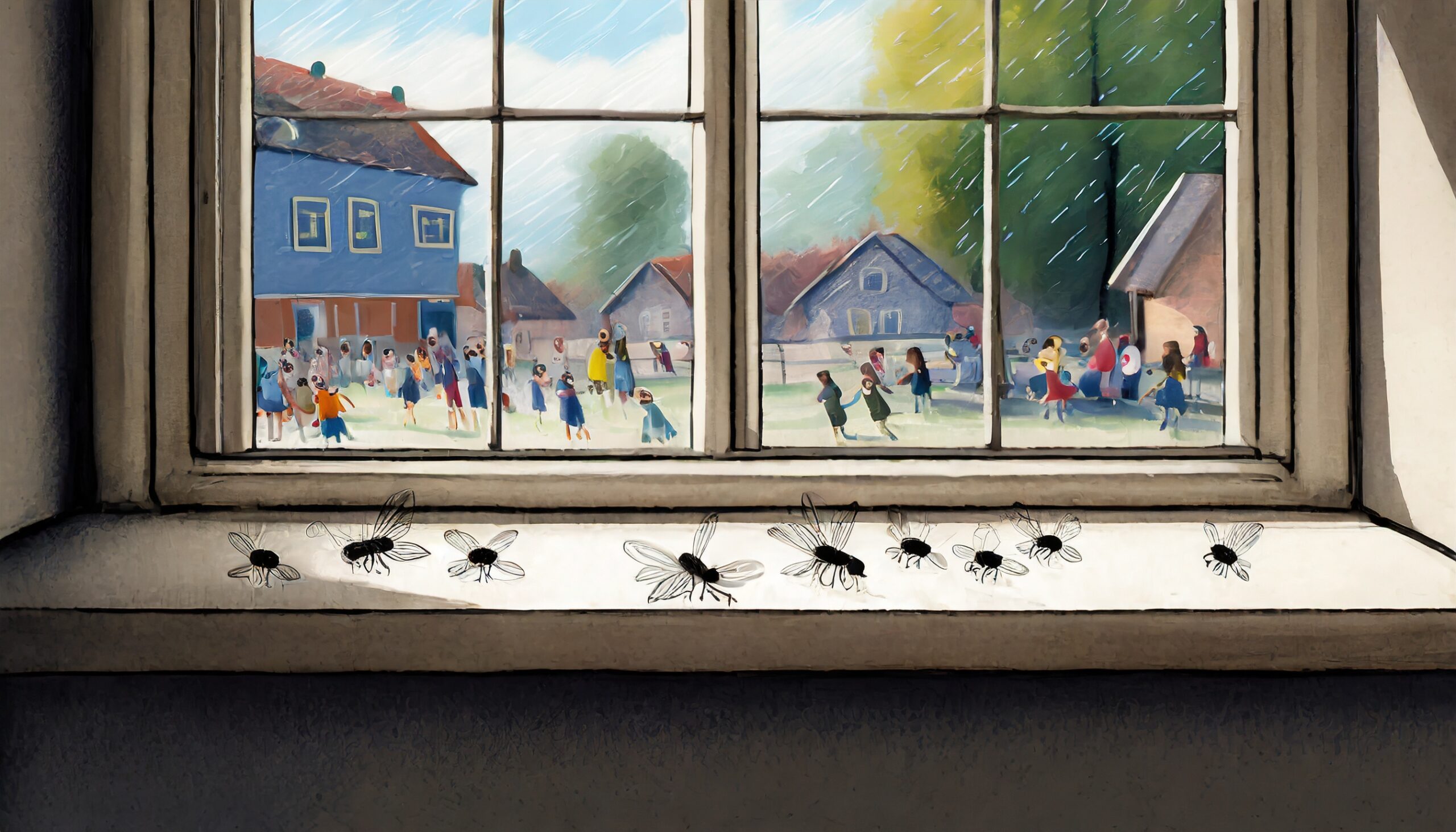 vinduspost med døde fluer. Utsikt mot en skolegård med lekende barn.