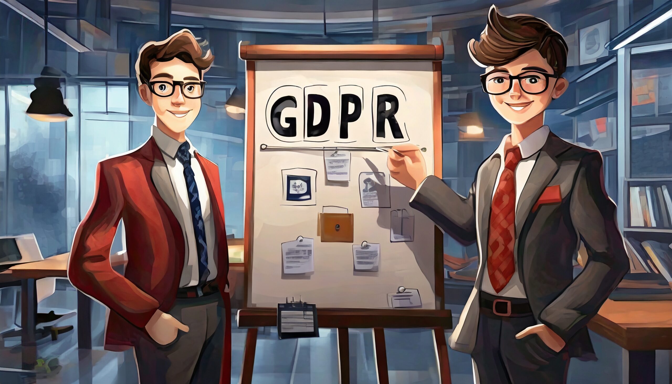 Vektorgrafikk med to personer foran en tavle som viser elementer for god GDPR. Illustrerer viktigheten av å bygge en god personvernkultur.